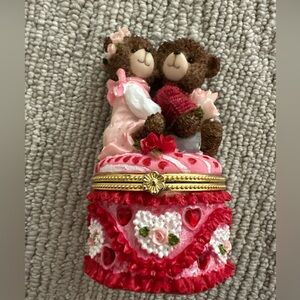 Vintage Pink Valentine Holiday Teddy Bear Small Trinket/Jewelry Box 4" Tall